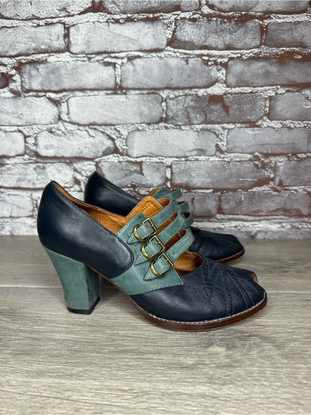 re-mix vintage Aviator 1930’s Blue Leather Peep Toe Heels Women Sz 6.5M US/37EU